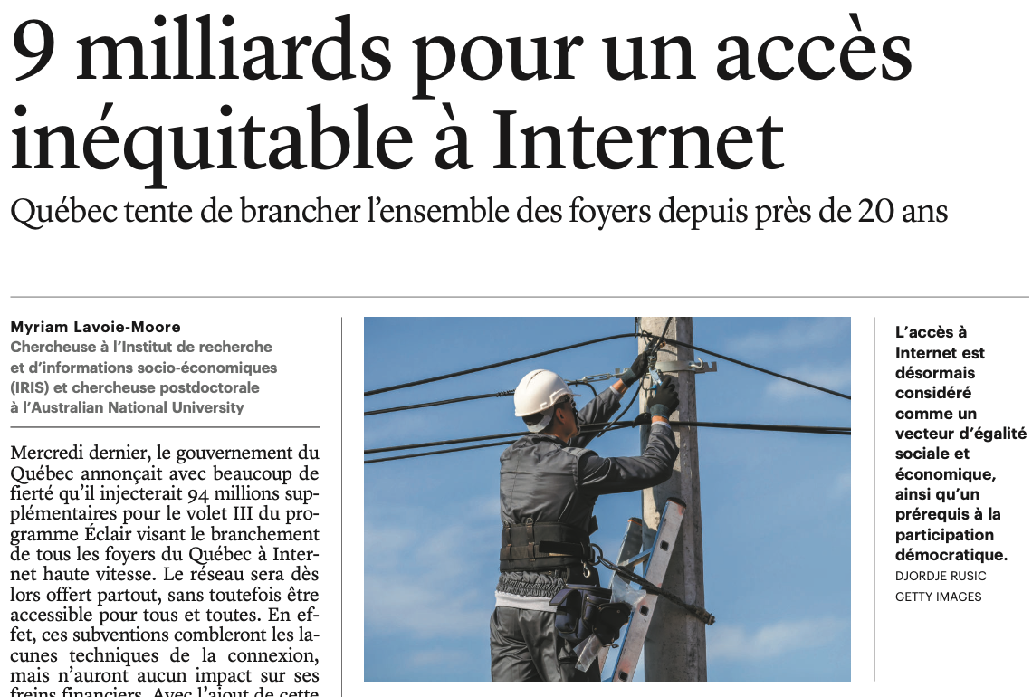 La lettre ouverte «9 milliards pour un accès inéquitable à Internet» parue dans Le Devoir le 2 décembre 2021